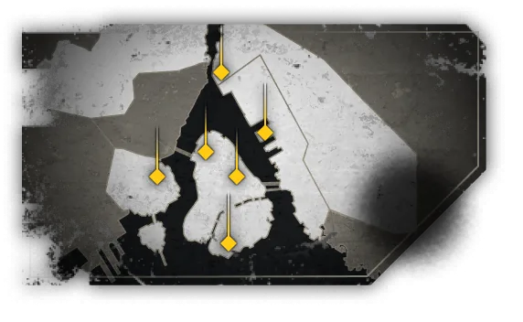 A map of the city with six pins on it, one for each Versus map