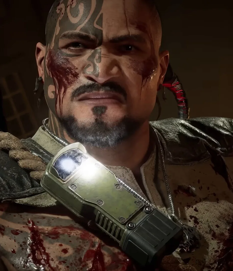 Bloodied Hunter, the Epic Tai Kaliso character skin: a tattooed, blood-streaked face and shoulder, lit by the headlamp clipped to his collar.