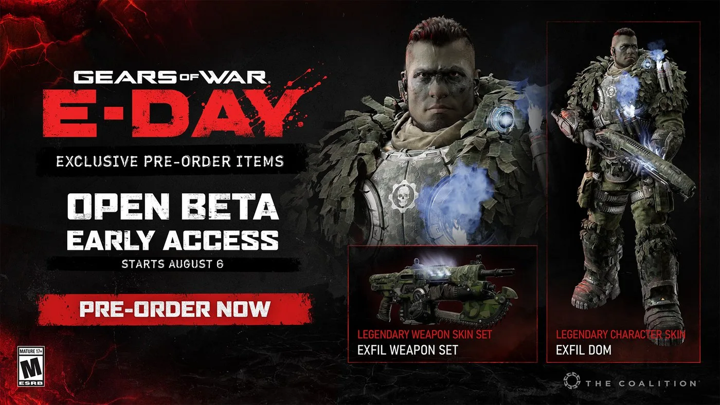 The pre-order bonus sheet: Exfil Dom, a Legendary character skin, beside the Exfil Legendary weapon skin set.