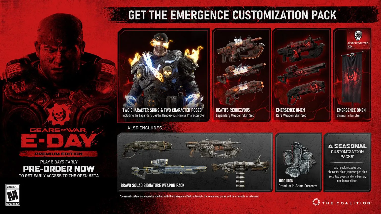 The Coalition's own breakdown of the Emergence Customization Pack: the skull-faced, burning-eyes Death's Rendezvous Marcus skin, the Death's Rendezvous and Emergence Omen weapon skin sets shown separately, and the Emergence Omen banner and emblem.