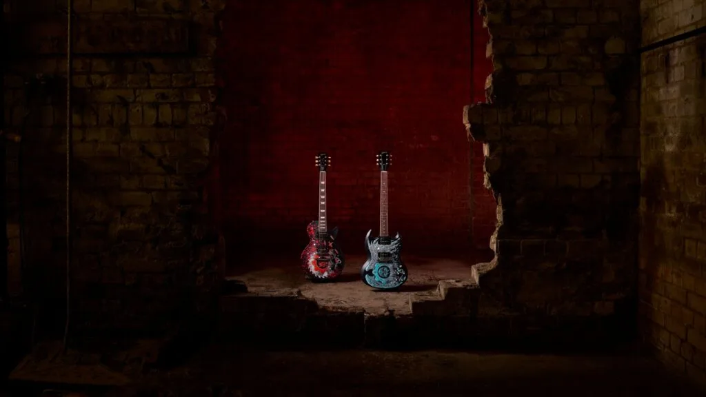 The Gears of War guitar collection photographed together.